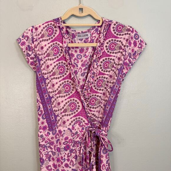 Sea Lustre Havana Maxi Wrap Dress S/M Pink Floral Ruffle Boho Cottagecore Beach - Picture 3 of 9